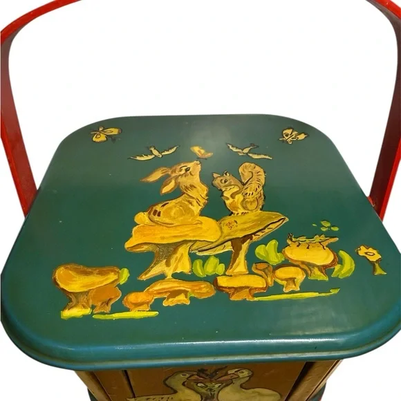 Vintage Hand-Painted Woodland Bunny & Squirrel Basket - Picture 2 of 10